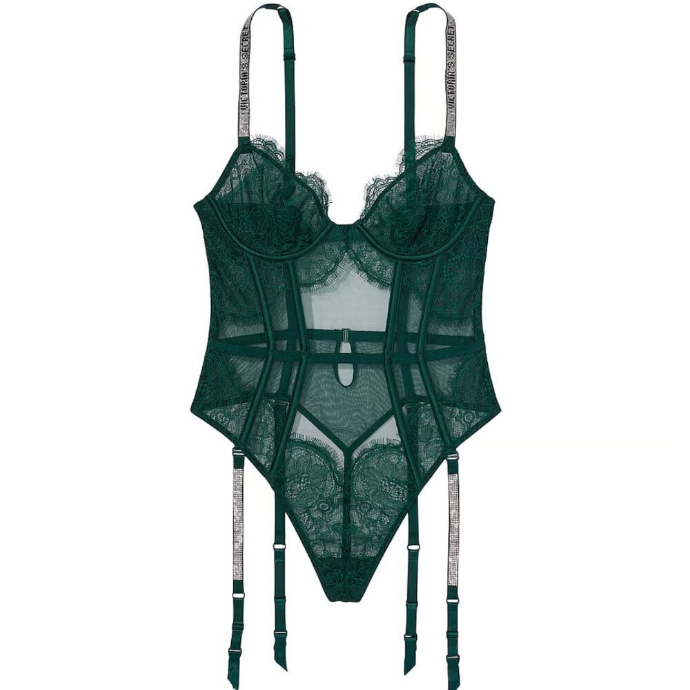 New! Victoria's Secret Green Lingerie Shine Strap Lace Teddy Garter 22864